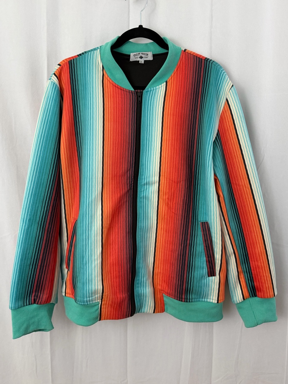Crazy Train Teal & Orange Serape Bomber Jacket Womens Size XL